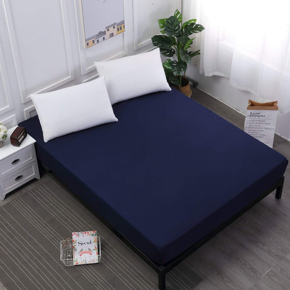 Solid Brushed Waterproof Fitted Sheet, Deep Pockets, Fits 30 cm Mattresses, Navy Blue, Queen