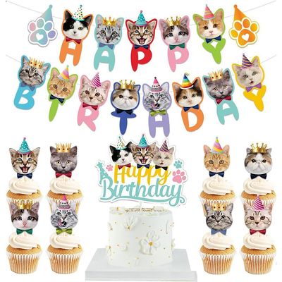 CENPEK 11-Piece Cat Face Cake Decorations, Party Pennant Banner, Reusable Cat-Themed Birthday Party Decor