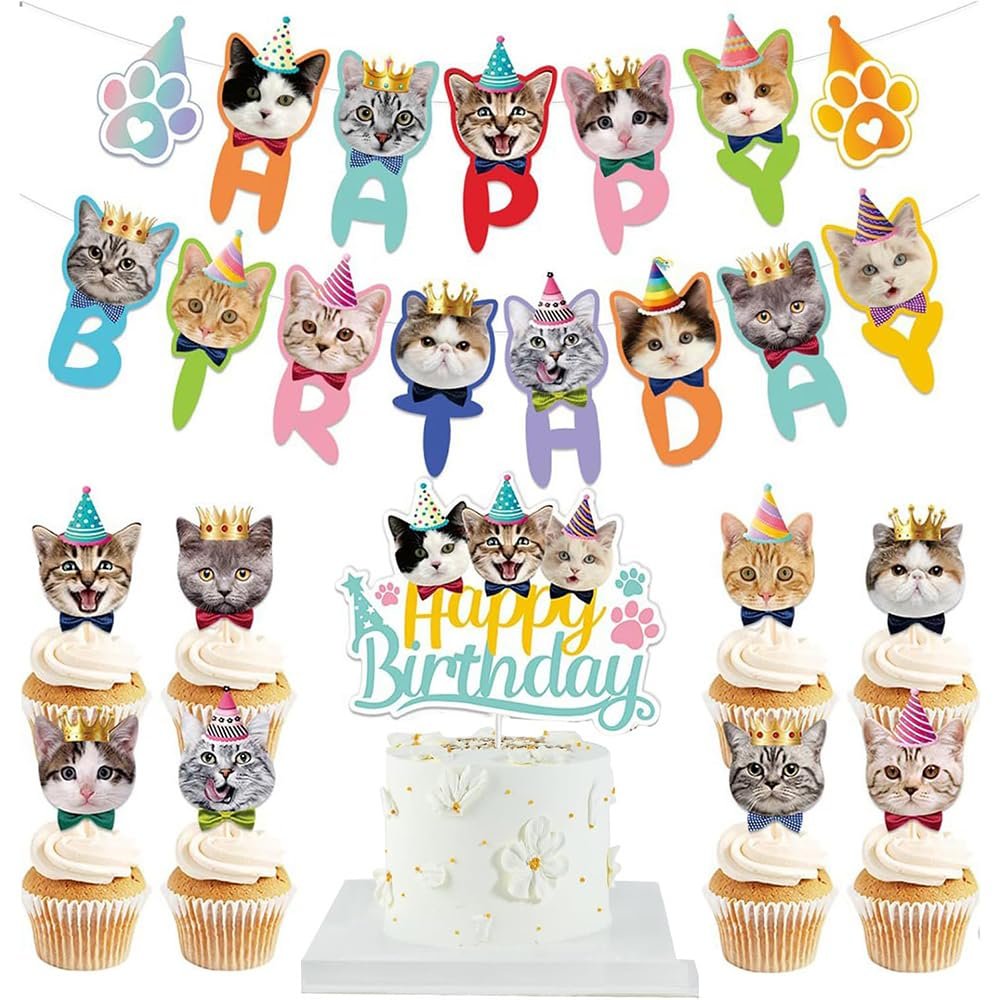 CENPEK 11-Piece Cat Face Cake Decorations, Party Pennant Banner, Reusable Cat-Themed Birthday Party Decor