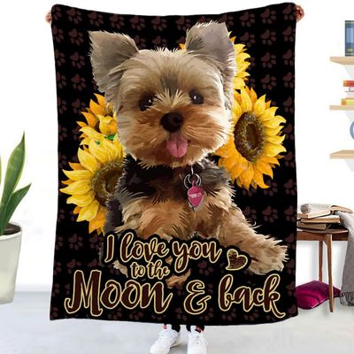 MUNOOR Yorkshire Terrier Throw Blanket, 150 x 200 cm, Soft Flannel, 3D Animal and Sunflower Design