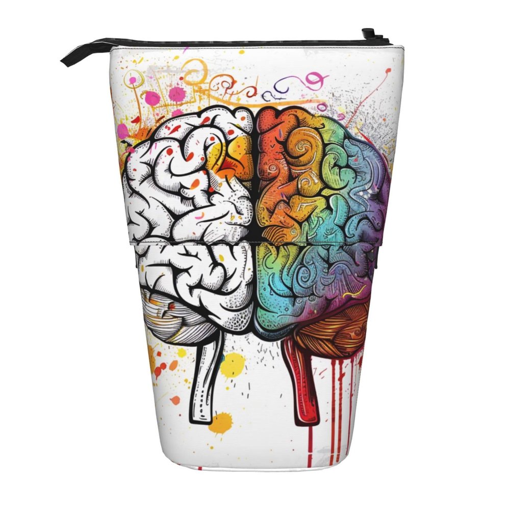 ULKMFFCF Left and Right Brain Advantage Printed Standing Telescopic Pencil Case, Black, One Size