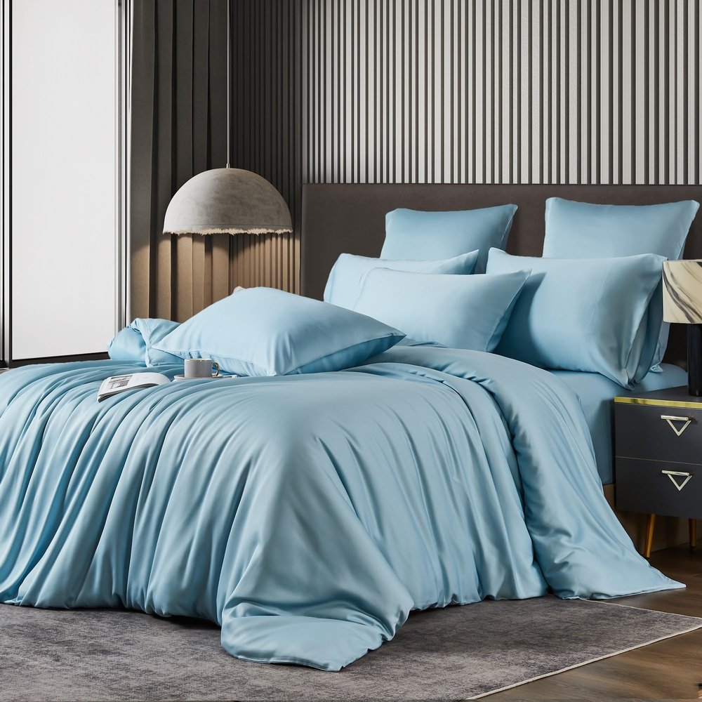 Luowei Bamboo Bedding Set 200 x 220 cm, Cooling & Breathable, Blue, Lyocell