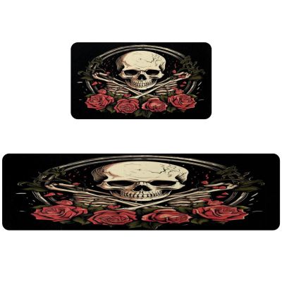 VAPOKF Set of 2 Skull and Red Rose Kitchen Mats