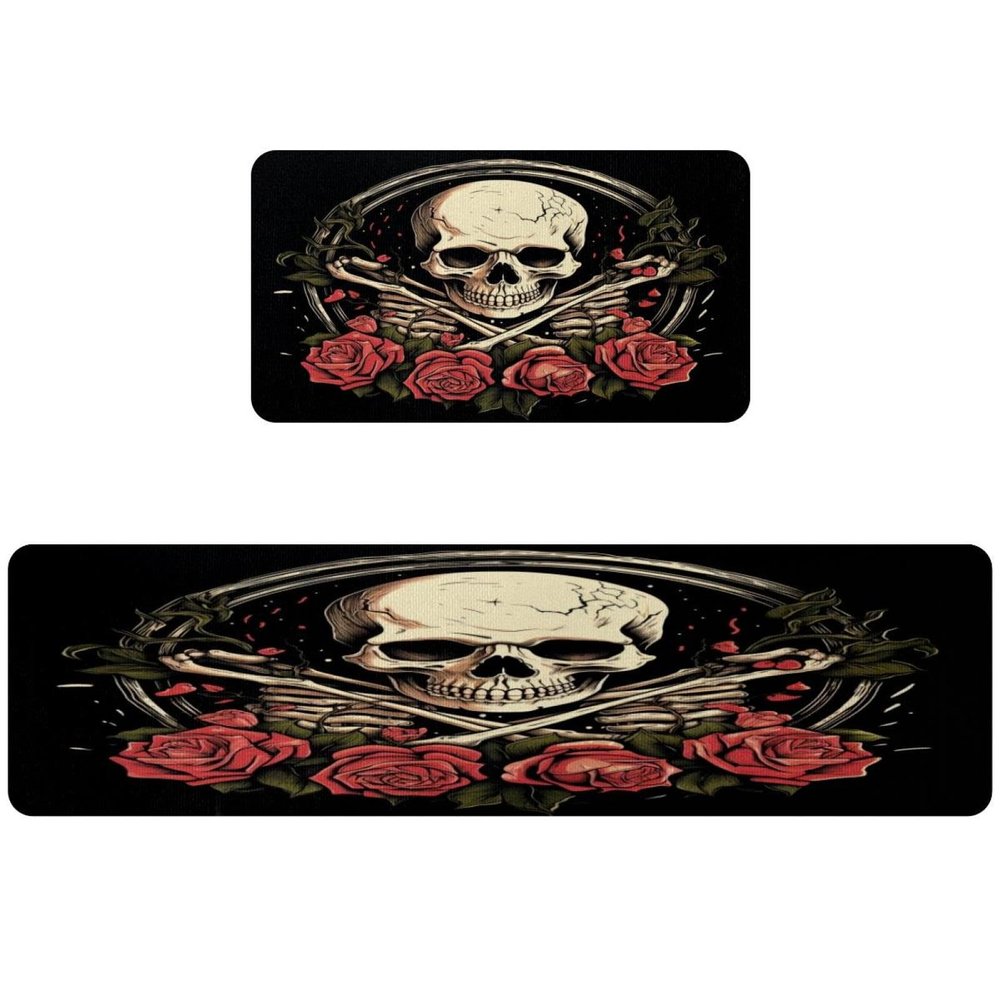 VAPOKF Set of 2 Skull and Red Rose Kitchen Mats