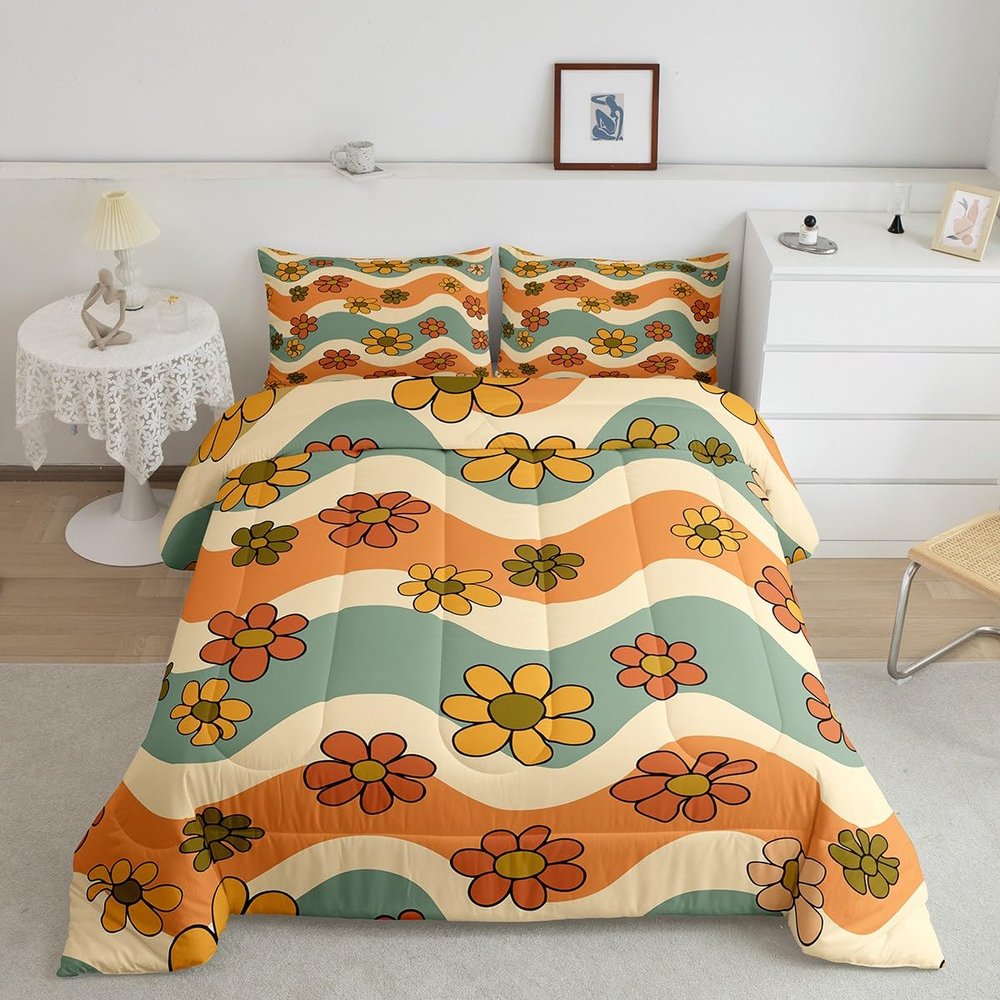 Homemissing 70s/80s Retro Flower Comforter, 155 x 220 cm, 4-Season, 2-Piece