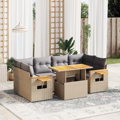 Homgoday 7-Piece Outdoor Sleeper Sofa Set with Beige Cushions
