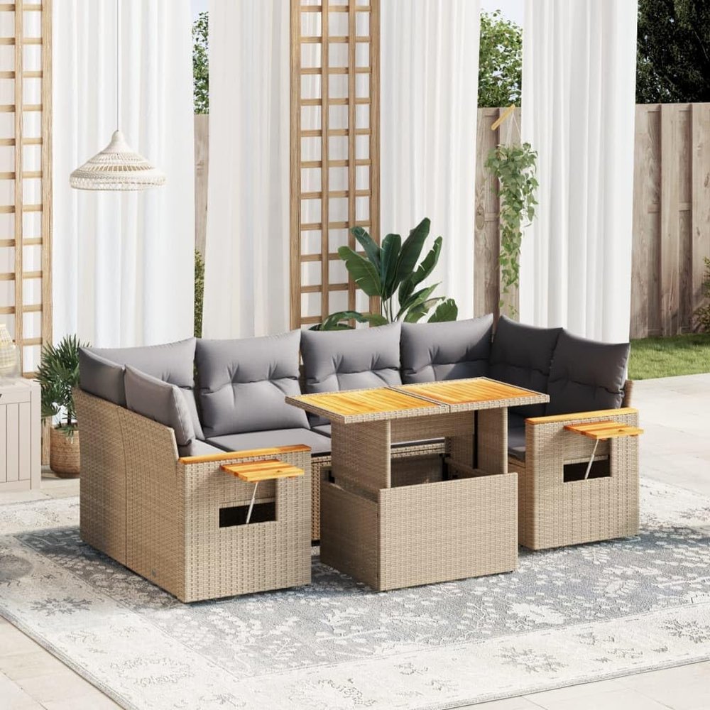 Homgoday 7-Piece Outdoor Sleeper Sofa Set with Beige Cushions