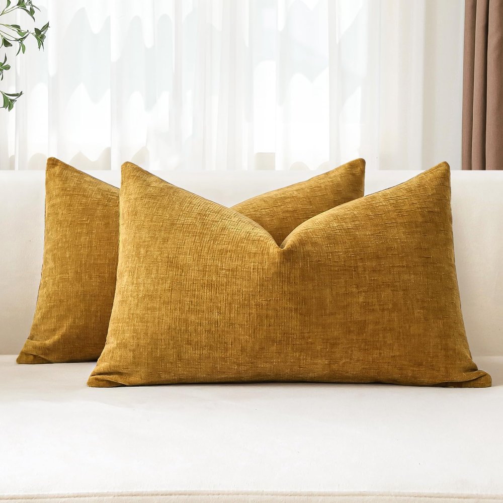 JOTOM 2-Piece Chenille Pillow Cover Set, Solid Gold Yellow, 30 x 50 cm