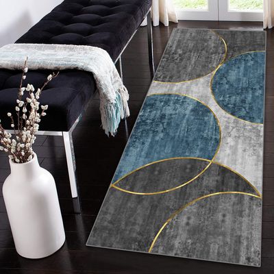 Siunwdiy Gray Blue Gold Geometric Runner Rug, Washable Non-Slip, 100 x 400 cm