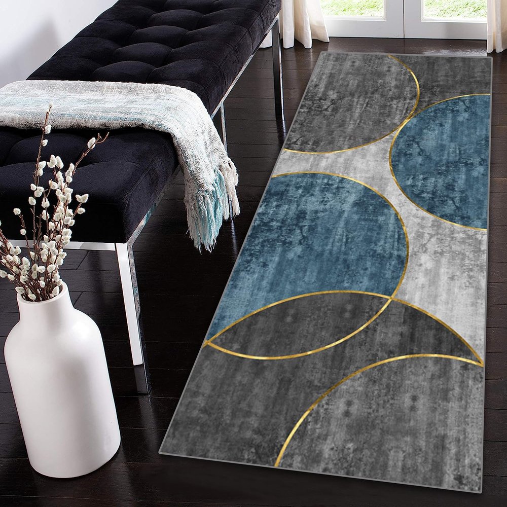 Siunwdiy Gray Blue Gold Geometric Runner Rug, Washable Non-Slip, 100 x 400 cm