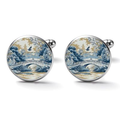Freecustom Blue Pagoda Chinoiserie Cufflinks for Men