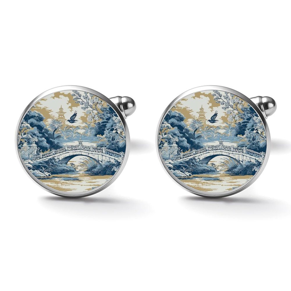 Freecustom Blue Pagoda Chinoiserie Cufflinks for Men
