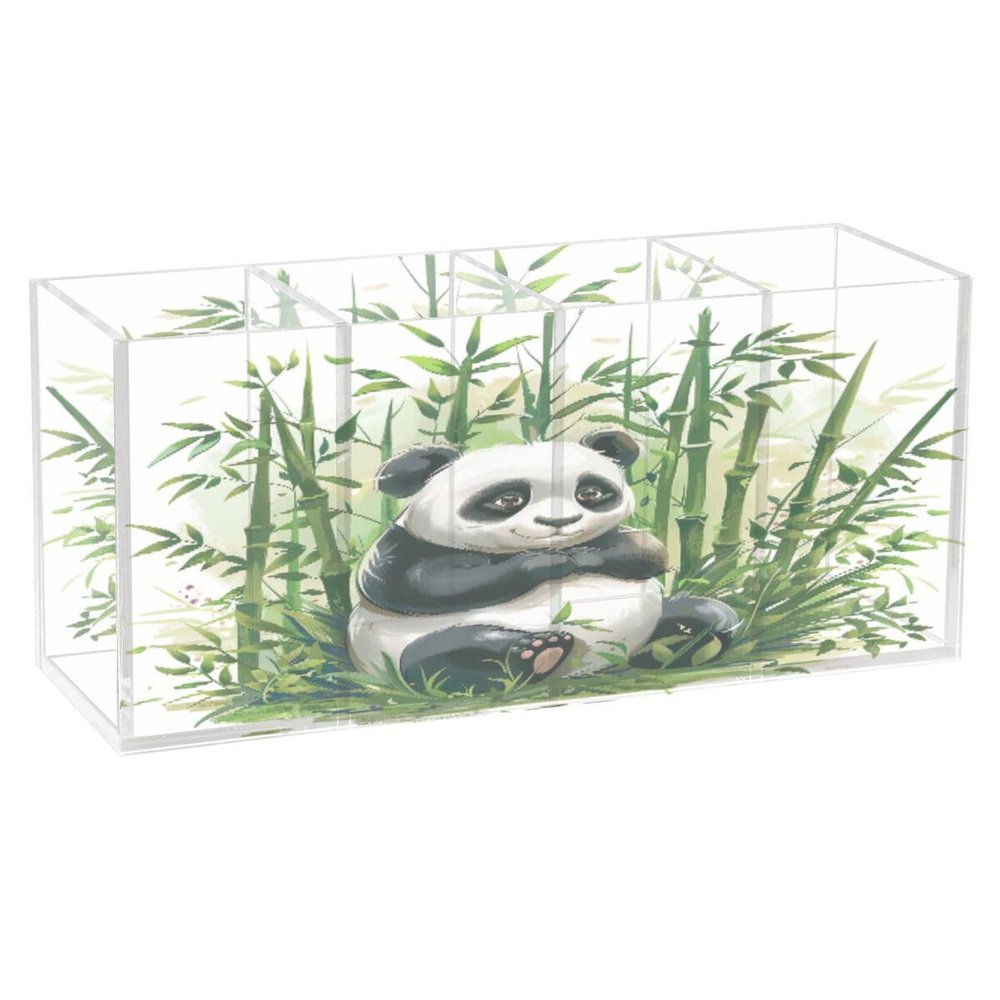 JUMBEAR Panda Eating Bamboo Acrylic Pen Holder, 4 Compartments
