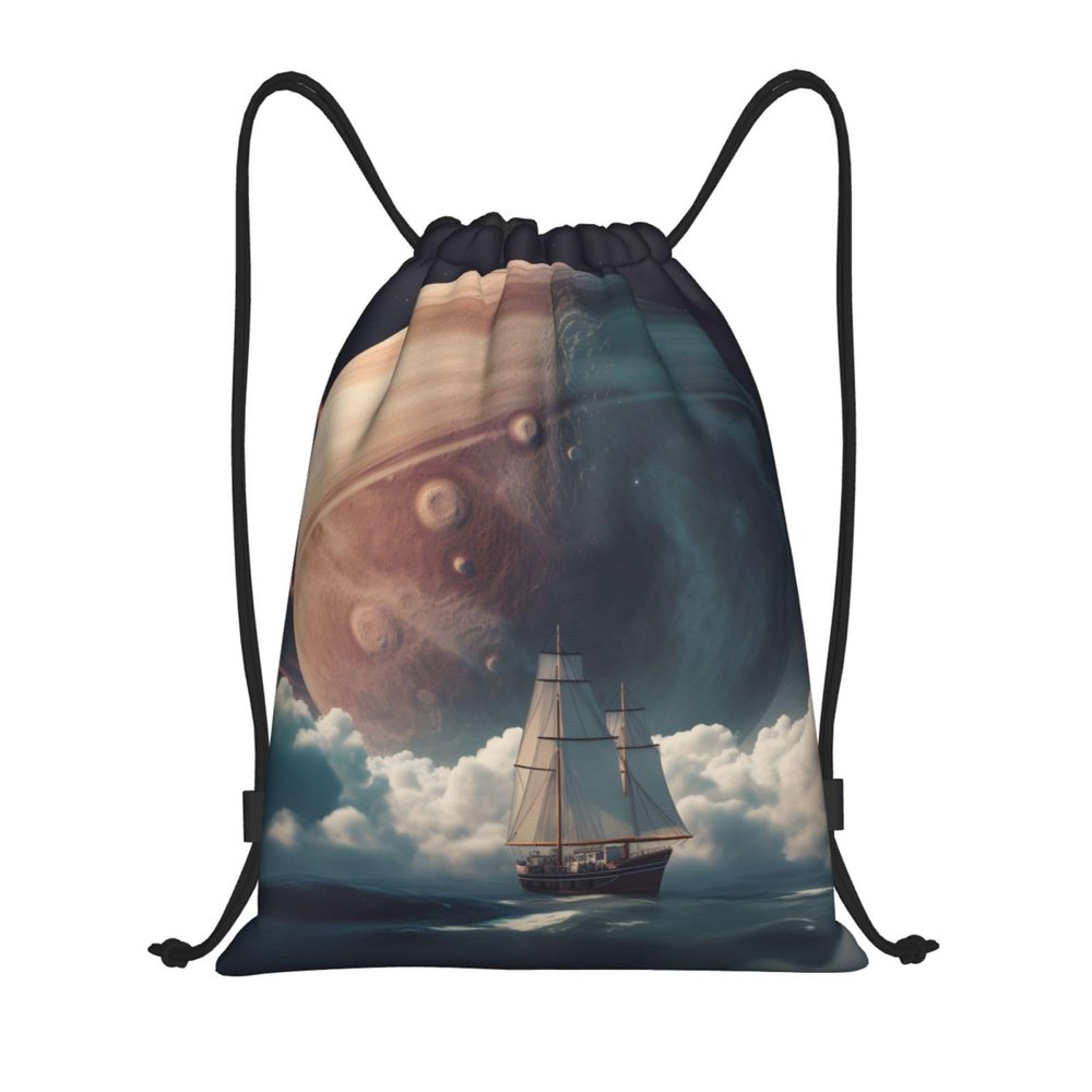 Small Boat Under a Giant Planet Drawstring Bag