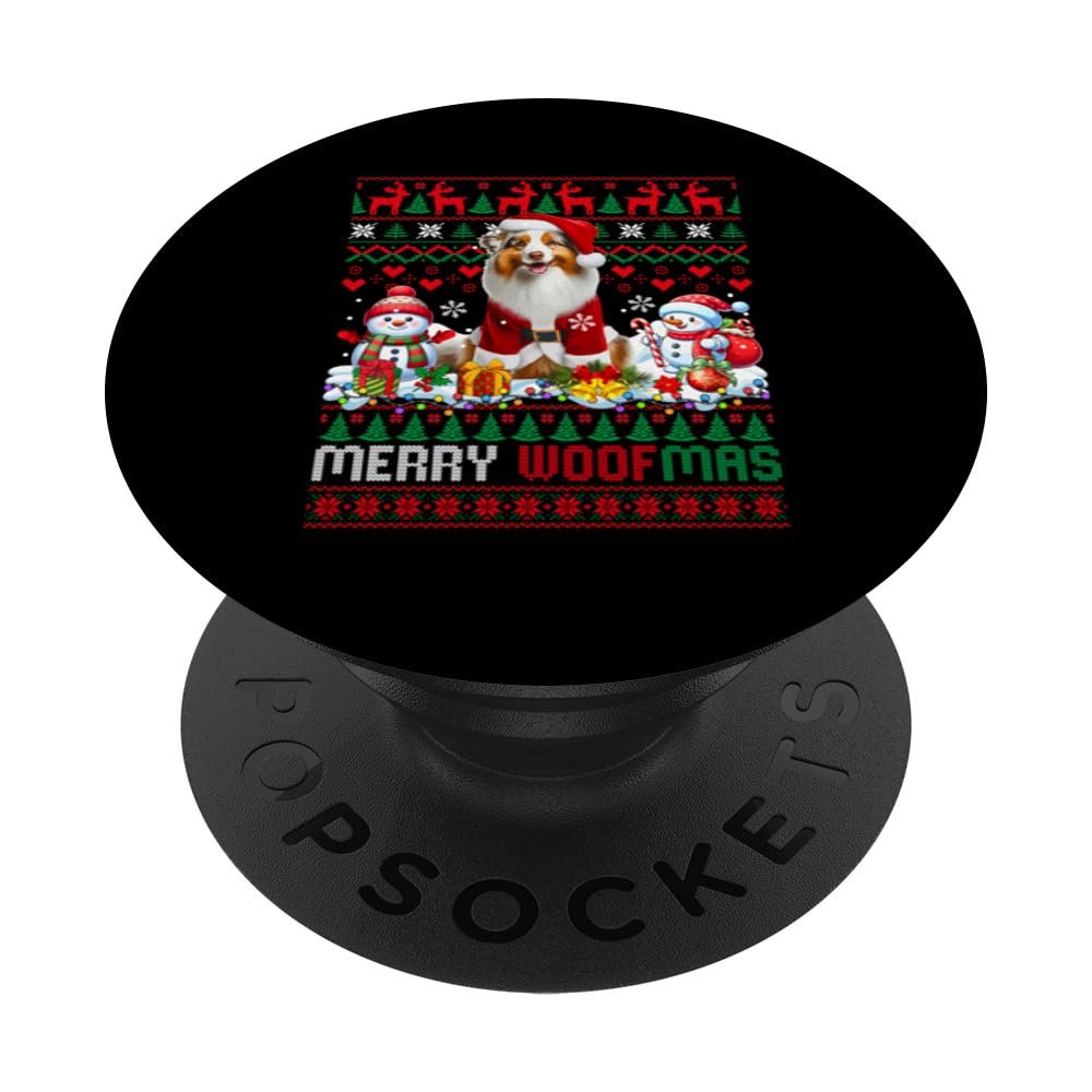 Merry Christmas Woof Sweater Santa Australian Shepherd PopSockets with Interchangeable PopGrip