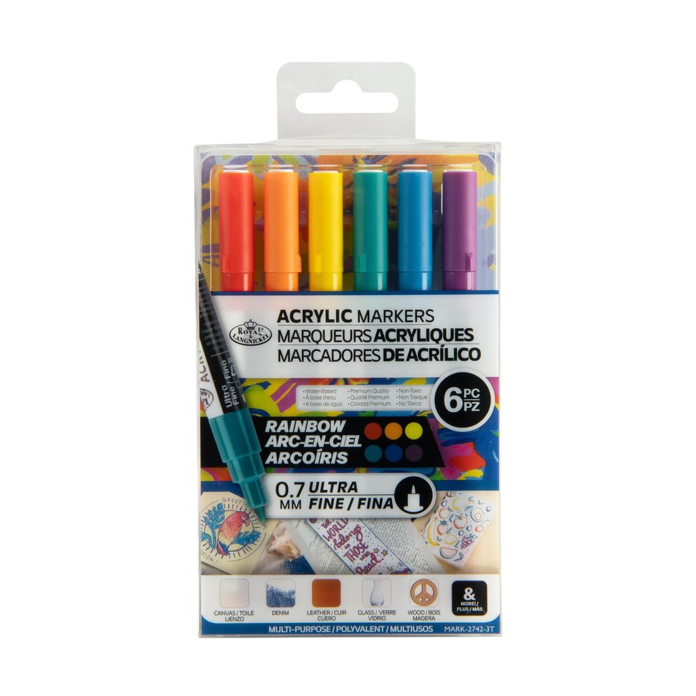 Royal & Langnickel Acrylic Paint Artist Markers, Ultra-Fine 0.7 mm, Rainbow Colors, 6-Pack