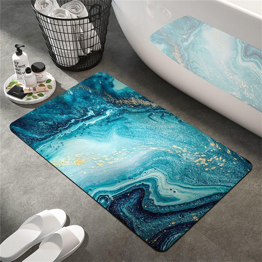 Chickwin Non-Slip Diatomite Bath Mat, Marble Print, Quick-Drying, Peacock Blue, 40 x 60 cm
