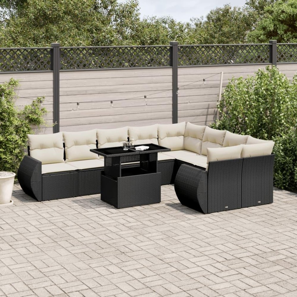 Juroupi 10-Piece Garden Sofa Set with Cushions, Black PE Rattan