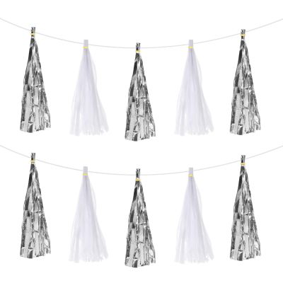 20-Piece Bright Silver and White Tassel Garland Banner