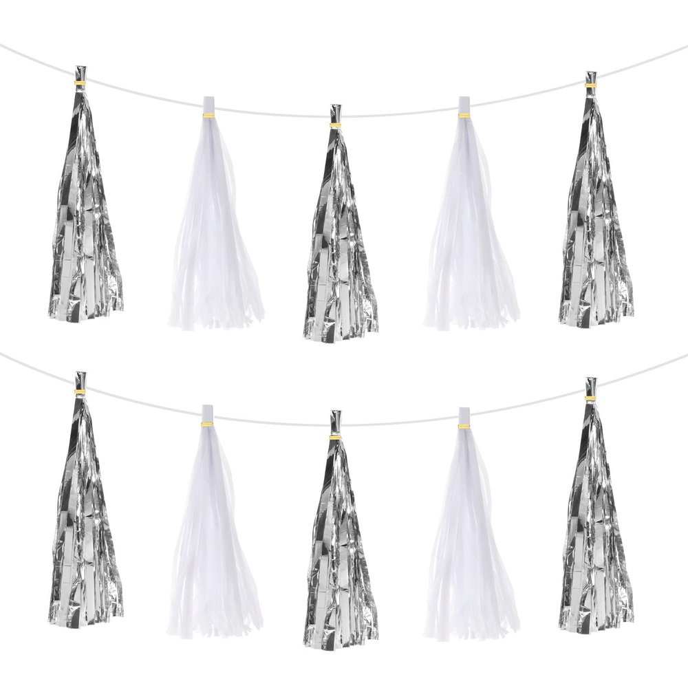 20-Piece Bright Silver and White Tassel Garland Banner