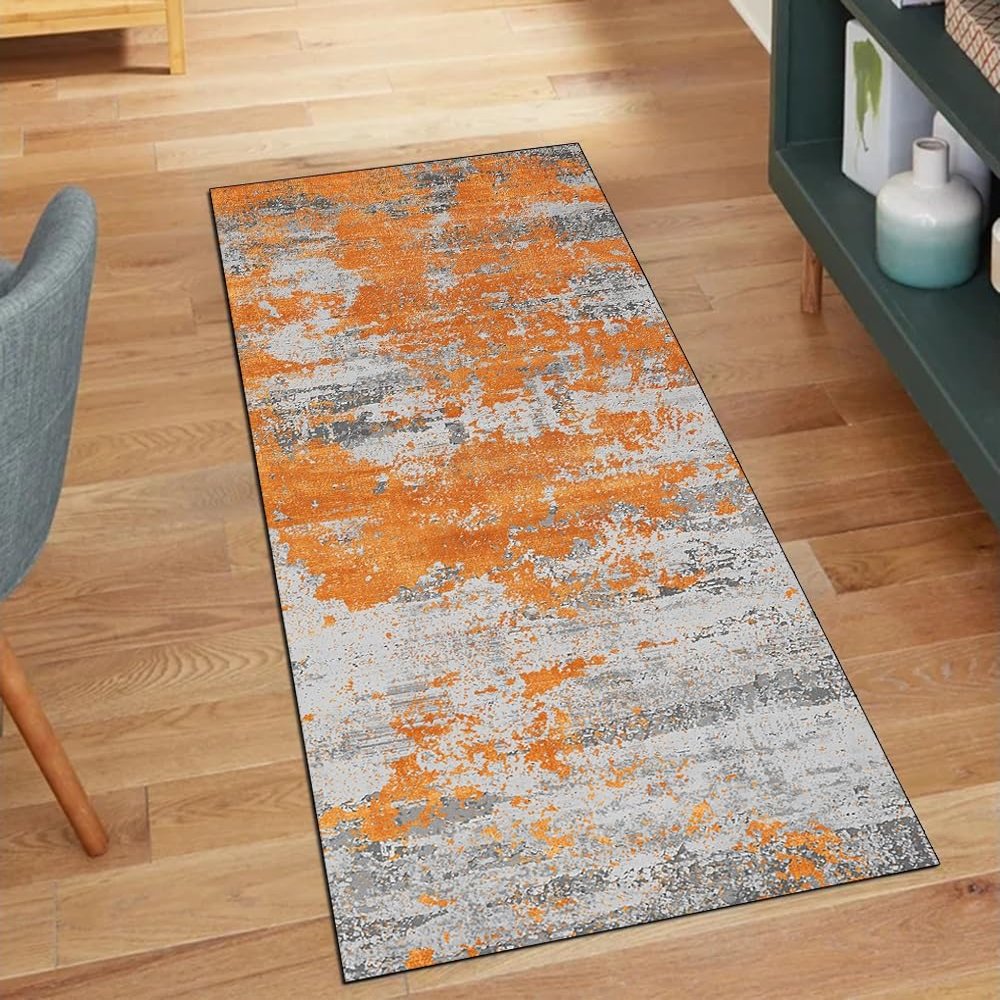 QQrunner Non-Slip Abstract Hallway Runner Rug, 90 x 280 cm, Washable, Orange