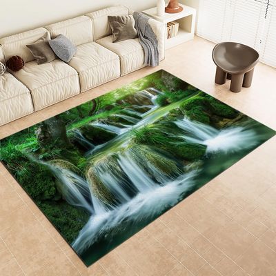 Waterfall Jungle Landscape Rug for Bedroom and Living Room, Washable Short-Pile Flannel Rug, Non-Slip, 120 x 170 cm