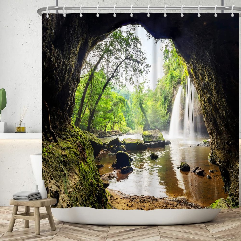 JUZGTSIT Cave Landscape Shower Curtain Set with Waterfall, Mountain and River, 60 x 72 in, 12 Hooks