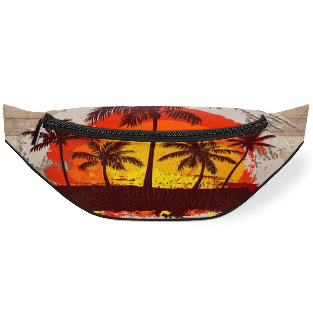 Vintage Wooden Belt Bag for Women and Men, Palm Tree Sunset, Crossbody, Adjustable Strap, Black
