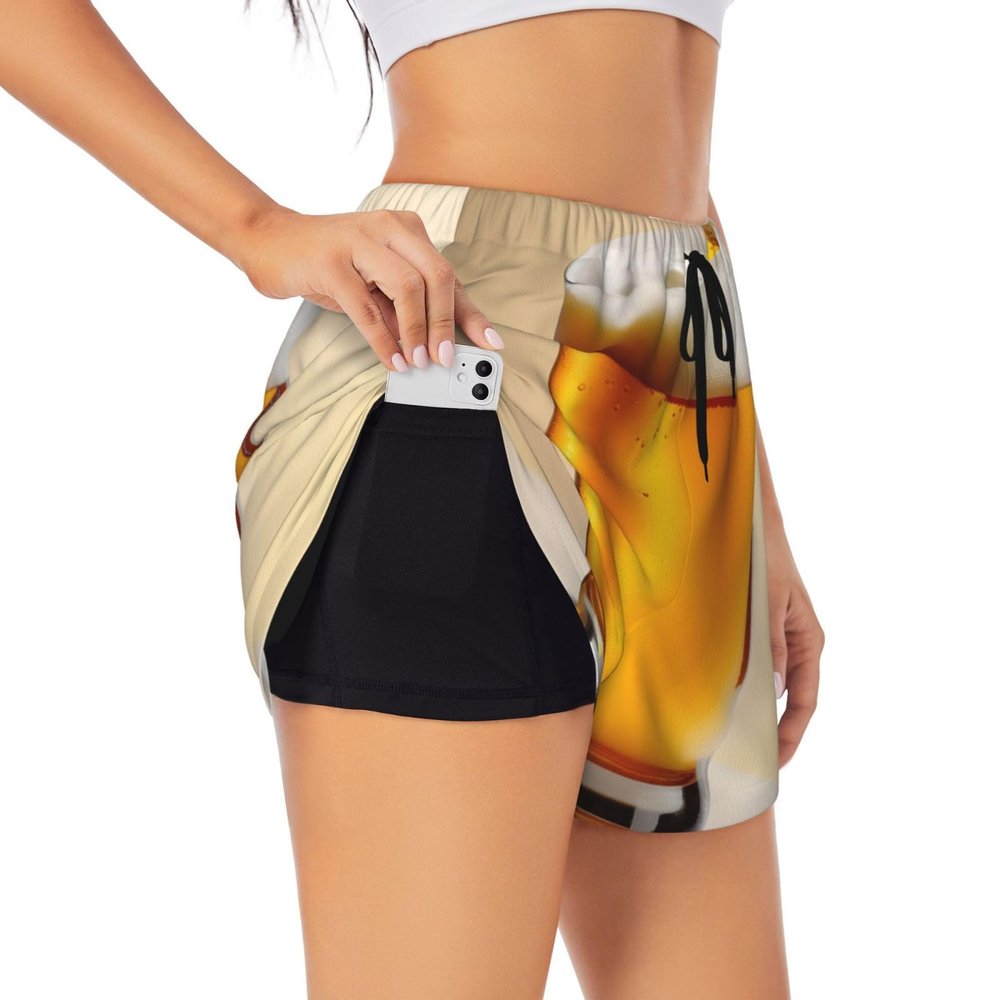 SDEGTHO Beer Foam 2-in-1 Women's Shorts, Sport Shorts, Running Shorts with Pockets, Black, XX-Large
