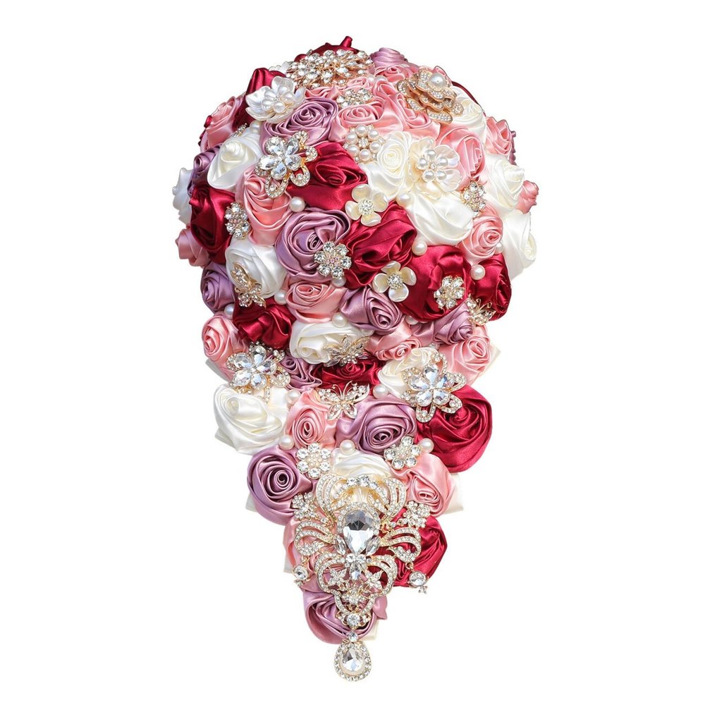 Yanonug Pink Ribbon Rose Bridal Bouquet, Red, Purple and Pink