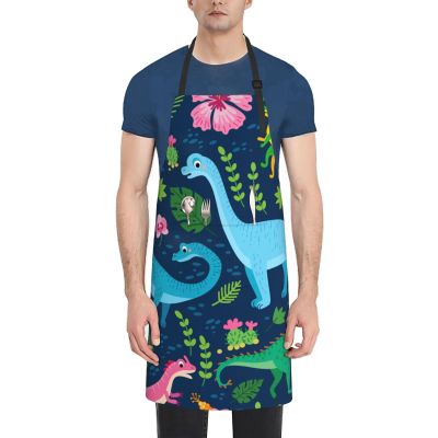 Dinosaur Tropical Leaves and Flowers Kitchen Apron with 2 Pockets, 33 x 28 in