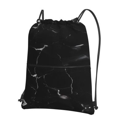 EdWal Drawstring Backpack, Black Marble Print, Gym Bag with Zipper Pocket, Black, One Size