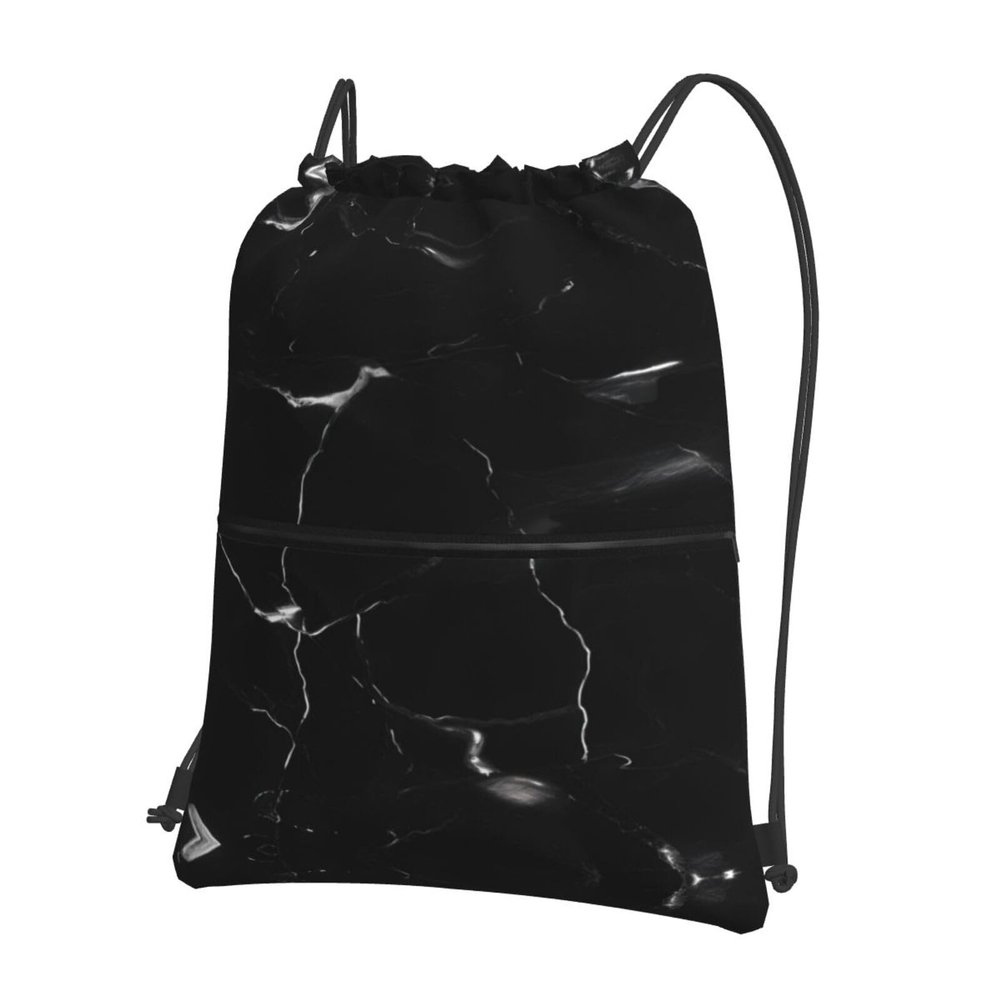EdWal Drawstring Backpack, Black Marble Print, Gym Bag with Zipper Pocket, Black, One Size