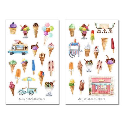 Jellyfish Stickers Ice Cream Sticker Set – Journal, Planner, Summer, Food, Dessert, Ice Cream Cart, Popsicle, Waffle, Recipe & Vacation Stickers