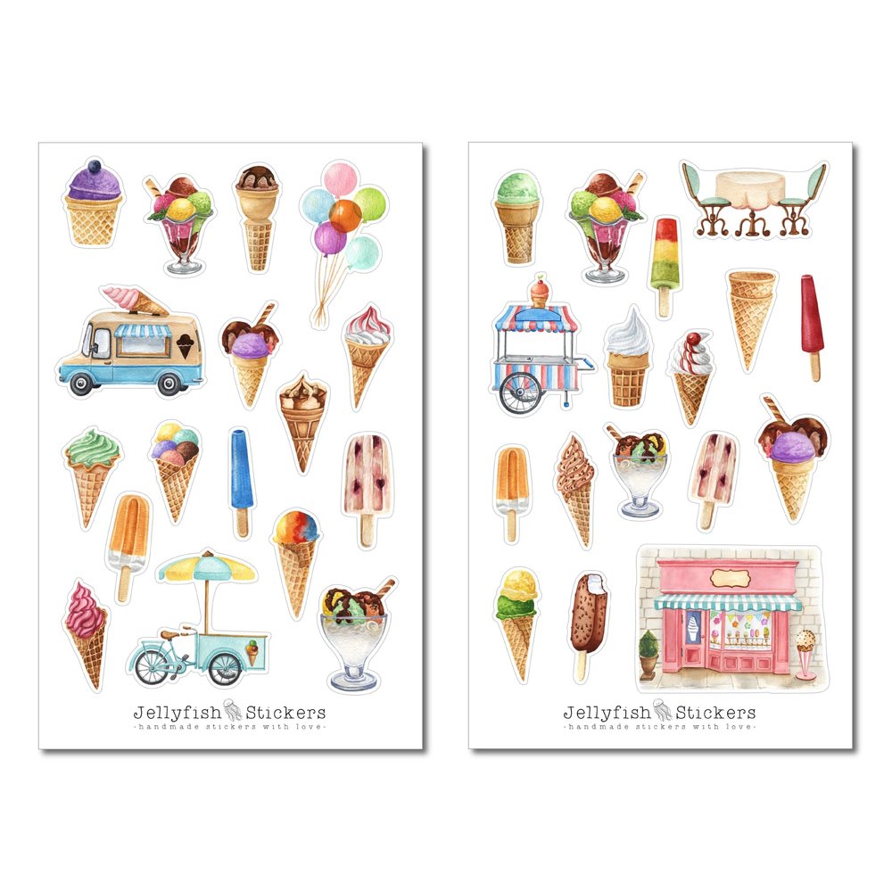 Jellyfish Stickers Ice Cream Sticker Set – Journal, Planner, Summer, Food, Dessert, Ice Cream Cart, Popsicle, Waffle, Recipe & Vacation Stickers