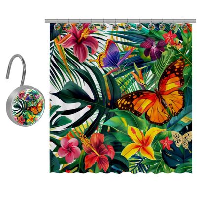 Eslifey Shower Curtain with 10 Shower Curtain Hooks, Tropical Leaves, Flowers and Butterflies, 168 x 183 cm
