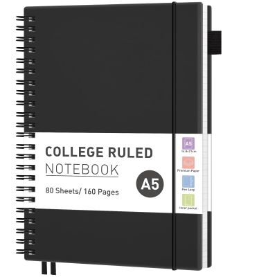 RETTACY A5 Notebook for Women, Lined Spiral Notebook, 160 Pages, 100 g/m² College-Ruled Paper, Black