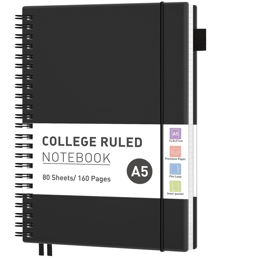 RETTACY A5 Notebook for Women, Lined Spiral Notebook, 160 Pages, 100 g/m² College-Ruled Paper, Black
