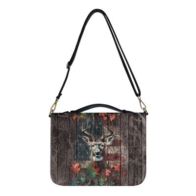 LACIYISON Moose American Flag Leaf Print Bible Cover, Waterproof PU Leather Zipper Bible Bag with Adjustable Strap