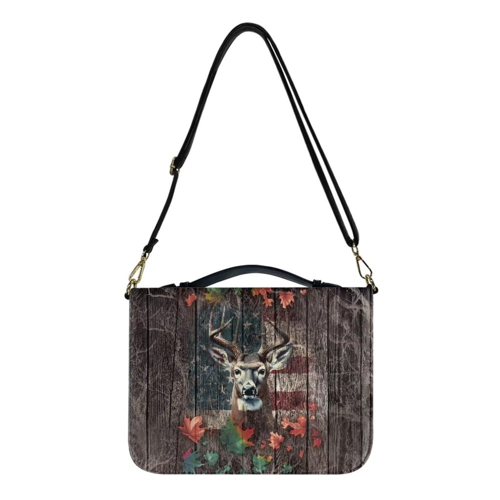 LACIYISON Moose American Flag Leaf Print Bible Cover, Waterproof PU Leather Zipper Bible Bag with Adjustable Strap