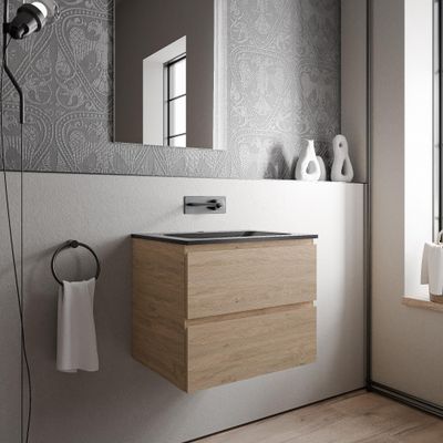 Bernstein AVA 60 cm Bathroom Vanity Set, Honey Gold Oak, Cream Basin, Matte Black, No Faucet Hole