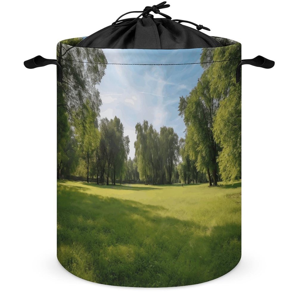 Large Freestanding Laundry Basket, Green Grass in the Park, Foldable with Extended Handles