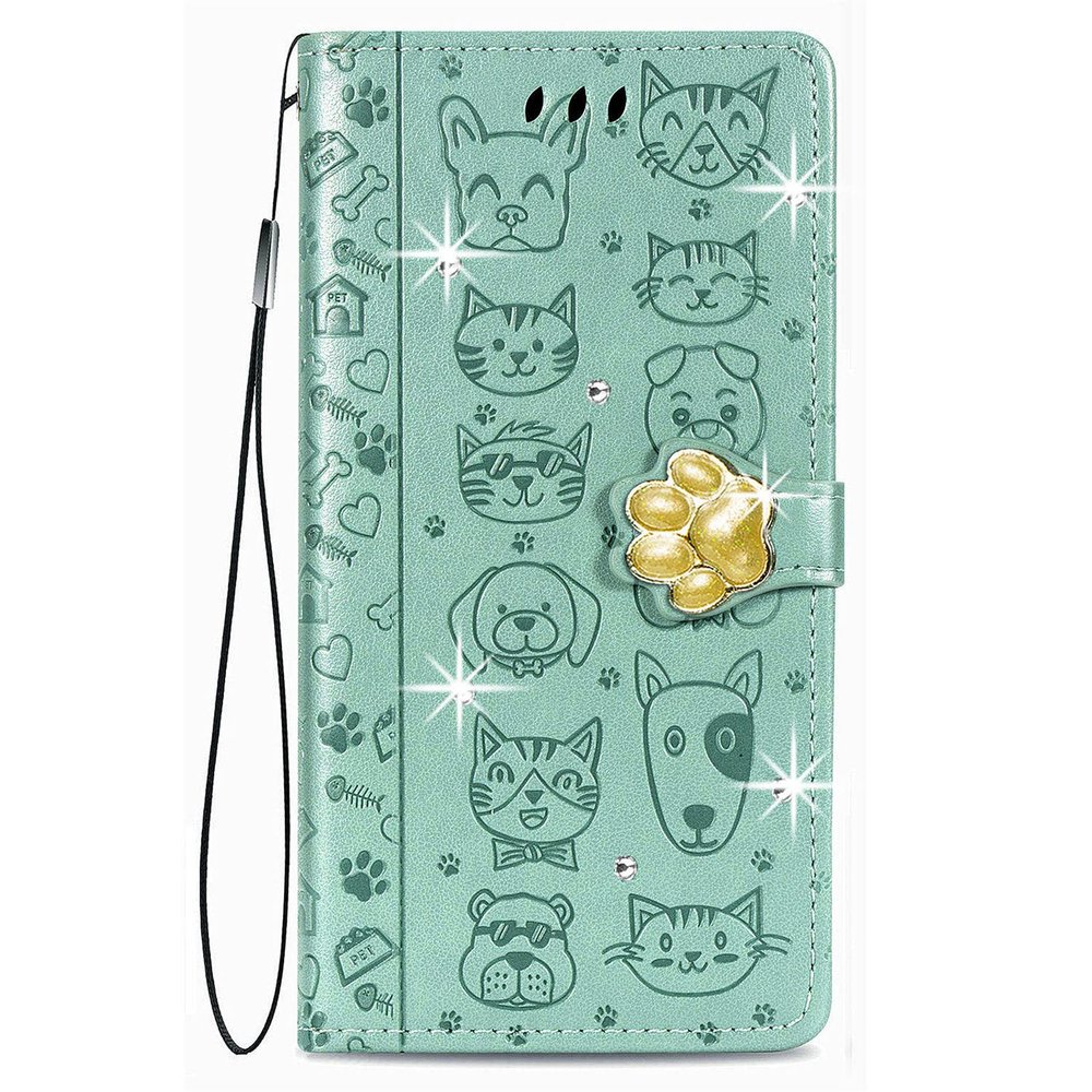 Protective Case for Samsung Galaxy A35, Glossy Glitter Bling 3D Cat and Dog Rhinestone Diamond Flip Cover with Card Slots, Green