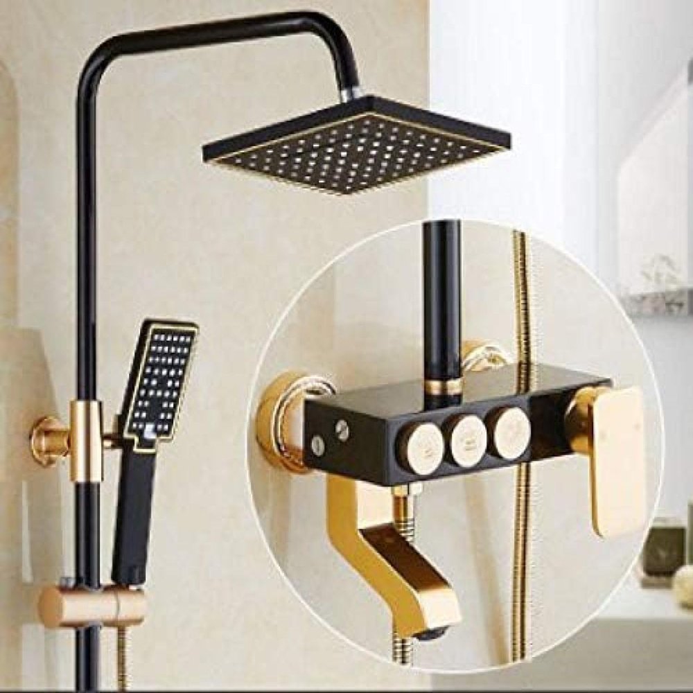 Luxury Gold and Black Shower Set, Bathroom Fixtures, Black Shower Faucet, Rainfall Shower Panel, Aluminum