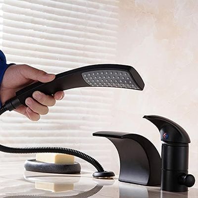 Black 3-Hole Bathtub Faucet with Hand Shower and Waterfall Spout