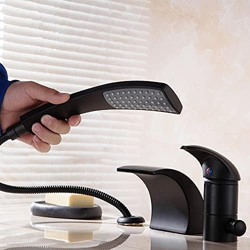 Black 3-Hole Bathtub Faucet with Hand Shower and Waterfall Spout