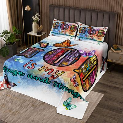 Bible Verse Christian Quotes Bedspread, Green Rainbow Tie-Dye, Watercolor Butterfly Floral Design, 2 Pillowcases