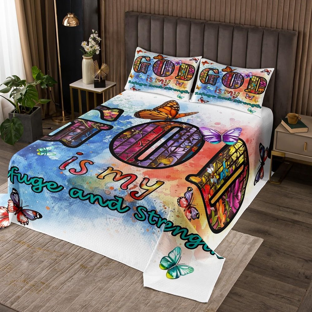 Bible Verse Christian Quotes Bedspread, Green Rainbow Tie-Dye, Watercolor Butterfly Floral Design, 2 Pillowcases