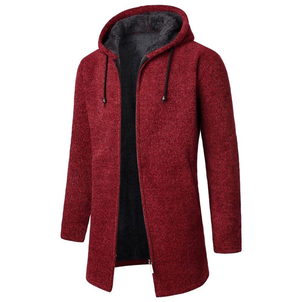 Men's Knit Cardigan with Hood, Zipper, Fleece Lining and Long Sleeves