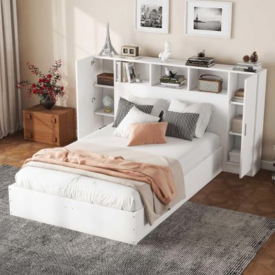 NIUAWASA White Platform Bed with Headboard and Multiple Storage Compartments, Simple Design and Sturdy Construction—Mattress Not Included